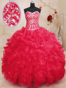 Coral Red Organza Lace Up Ball Gown Prom Dress Sleeveless Floor Length Beading and Ruffles and Sequins