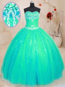 Elegant Sleeveless Tulle and Sequined Floor Length Lace Up Quinceanera Gowns in Turquoise with Beading and Appliques
