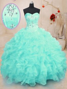 Turquoise Ball Gown Prom Dress Military Ball and Sweet 16 and Quinceanera with Beading and Ruffles Sweetheart Sleeveless Lace Up