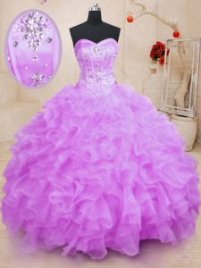 Suitable Lilac Lace Up Quinceanera Dresses Beading and Ruffles Sleeveless Floor Length