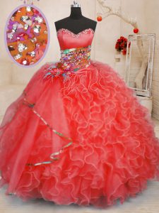 Free and Easy Coral Red Ball Gowns Sweetheart Sleeveless Organza Floor Length Lace Up Beading and Ruffles Quinceanera Gown