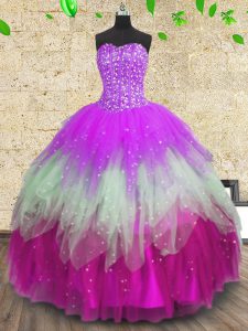 Super Sweetheart Sleeveless Vestidos de Quinceanera Floor Length Beading and Ruffles and Ruffled Layers Multi-color Tulle