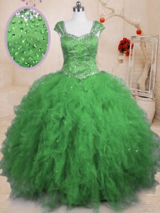 Ball Gowns Beading and Ruffles Sweet 16 Dresses Lace Up Tulle Cap Sleeves Floor Length