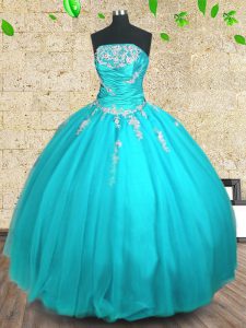 Discount Aqua Blue Tulle Lace Up Strapless Sleeveless Floor Length Quinceanera Gowns Appliques and Ruching