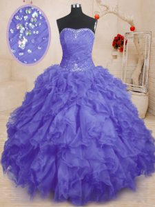 Purple Strapless Neckline Beading and Ruffles and Ruching Sweet 16 Dresses Sleeveless Lace Up
