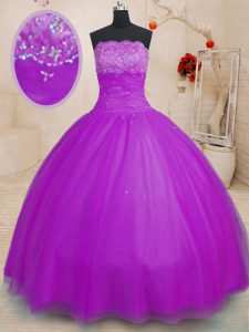 Ball Gowns Quinceanera Dress Purple Strapless Tulle Sleeveless Floor Length Lace Up