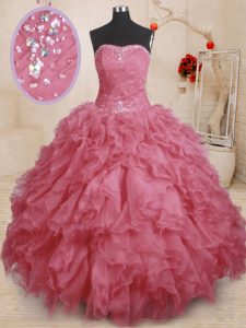 Super Sleeveless Floor Length Beading and Ruffles and Ruching Lace Up Sweet 16 Dresses with Pink
