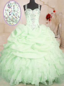Straps Sleeveless Quinceanera Gown Floor Length Beading and Ruffles and Pick Ups Yellow Green Organza