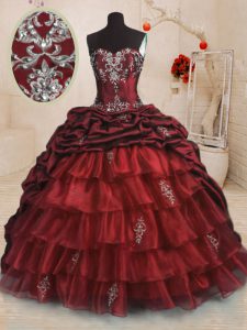 Fitting Wine Red Ball Gowns Beading and Appliques and Ruffled Layers and Pick Ups Sweet 16 Dresses Lace Up Organza and Taffeta Sleeveless With Train