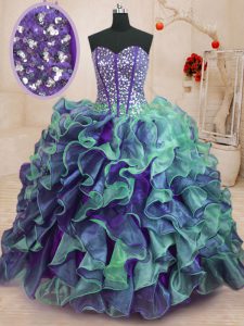 Perfect Multi-color Lace Up Sweetheart Beading and Ruffles Quince Ball Gowns Organza Sleeveless