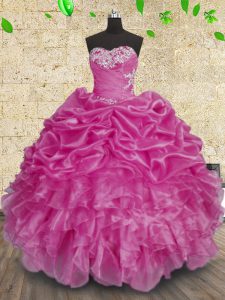 Fuchsia Lace Up Sweetheart Beading and Appliques and Ruffles and Ruching 15th Birthday Dress Organza Sleeveless