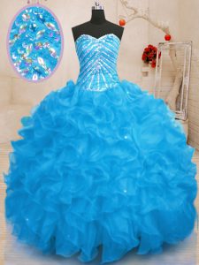 New Arrival Sequins Baby Blue Sleeveless Organza Lace Up 15 Quinceanera Dress for Military Ball and Sweet 16 and Quinceanera