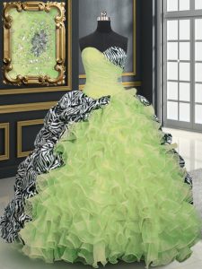 Yellow Green Lace Up Sweetheart Beading and Ruffles and Pattern Quinceanera Gown Organza and Printed Sleeveless Brush Train