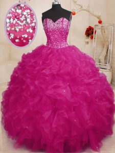 Trendy Fuchsia Sweetheart Neckline Beading and Ruffles Quinceanera Dresses Sleeveless Lace Up