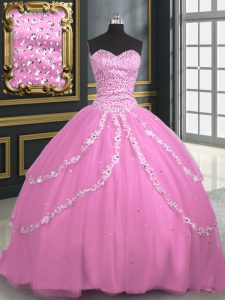 Designer With Train Rose Pink Quinceanera Dresses Sweetheart Sleeveless Brush Train Lace Up