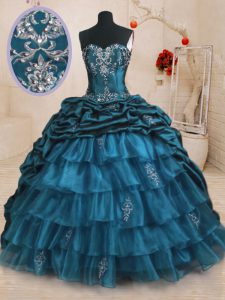 Teal Sleeveless Sweep Train Beading and Appliques and Ruffled Layers and Pick Ups With Train Quinceanera Dress
