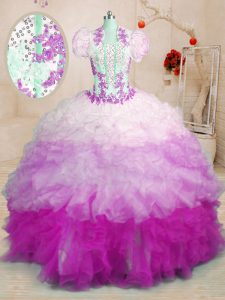 Eye-catching Sweetheart Sleeveless Quinceanera Dress With Brush Train Beading and Appliques and Ruffles Multi-color Organza