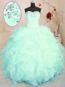Superior Turquoise and Apple Green Lace Up Sweetheart Beading and Ruffles Quinceanera Gown Organza Sleeveless