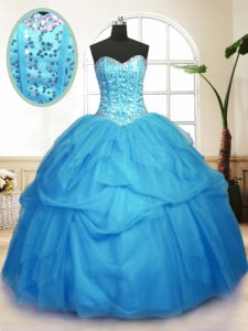 Vintage Sequins Pick Ups Baby Blue Sleeveless Tulle Lace Up Sweet 16 Quinceanera Dress for Military Ball and Sweet 16 and Quinceanera