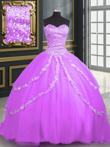 Glorious Sweetheart Sleeveless Tulle Quince Ball Gowns Beading and Appliques Brush Train Lace Up