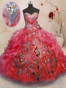 Traditional Red Sweetheart Zipper Beading and Appliques and Ruffles 15 Quinceanera Dress Sleeveless