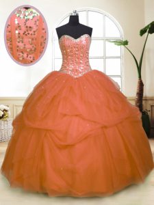Sequins Pick Ups Ball Gowns Quinceanera Gown Orange Sweetheart Tulle Sleeveless Floor Length Zipper
