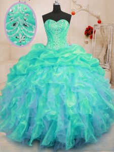 Colorful Organza Sweetheart Sleeveless Lace Up Beading and Ruffles Sweet 16 Dress in Turquoise