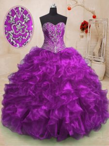 Flirting Purple Ball Gowns Beading and Ruffles Vestidos de Quinceanera Lace Up Organza Sleeveless With Train