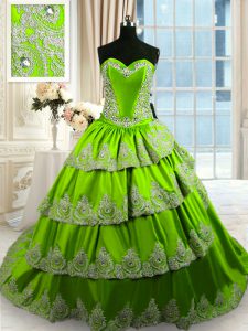 Exquisite Green Ball Gown Prom Dress Military Ball and Sweet 16 and Quinceanera with Beading and Appliques and Ruffled Layers Sweetheart Sleeveless Court Train Lace Up
