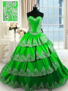 Cute Ball Gowns Beading and Appliques and Ruffled Layers 15th Birthday Dress Lace Up Taffeta Sleeveless With Train