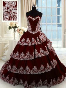 Elegant With Train Wine Red Ball Gown Prom Dress Taffeta Court Train Sleeveless Beading and Appliques and Ruffled Layers
