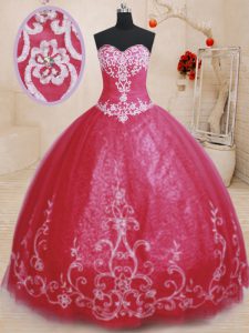 Sleeveless Tulle Floor Length Lace Up Quinceanera Dress in Red with Beading and Embroidery