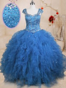 Floor Length Lace Up Quinceanera Gowns Teal for Military Ball and Sweet 16 and Quinceanera with Beading and Ruffles and Sequins