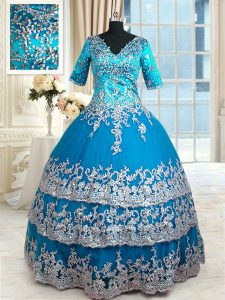 Half Sleeves Beading and Lace and Appliques and Ruffled Layers Zipper Quinceanera Gown