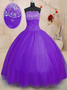 Latest Purple Tulle Lace Up Strapless Sleeveless Floor Length Quinceanera Gown Beading