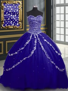 Captivating Tulle Sleeveless With Train 15 Quinceanera Dress Brush Train and Beading and Appliques