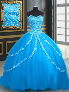Sleeveless Brush Train Lace Up With Train Beading and Appliques Sweet 16 Dress