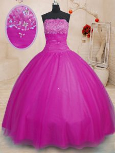Sleeveless Floor Length Beading Lace Up 15 Quinceanera Dress with Fuchsia