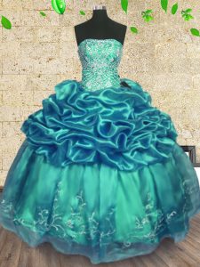 Turquoise Ball Gowns Beading and Ruffles 15 Quinceanera Dress Lace Up Organza and Taffeta Sleeveless Floor Length