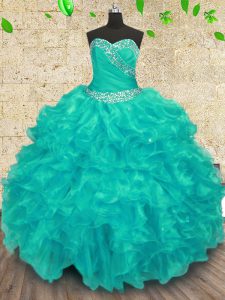 Turquoise Sweetheart Neckline Beading Quince Ball Gowns Sleeveless Lace Up