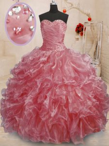Stunning Organza Sweetheart Sleeveless Lace Up Beading and Ruffles Quinceanera Dress in Watermelon Red