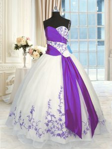 Perfect White And Purple Ball Gowns Embroidery and Sashes ribbons Sweet 16 Dresses Lace Up Organza Sleeveless Floor Length
