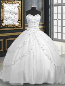 White Ball Gowns Tulle Sweetheart Sleeveless Beading and Appliques With Train Lace Up Quinceanera Dresses Brush Train