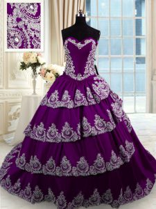 Most Popular Purple Ball Gowns Beading and Appliques and Ruffled Layers Quinceanera Dresses Lace Up Taffeta Sleeveless With Train