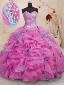 Fantastic Rose Pink Sleeveless With Train Beading and Ruffles Lace Up Sweet 16 Dresses