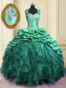 Turquoise Lace Up Sweet 16 Dress Beading and Ruffles and Pick Ups Cap Sleeves With Brush Train