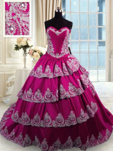 Fine Sleeveless Court Train Lace Up With Train Beading and Appliques and Embroidery and Ruffled Layers Quince Ball Gowns