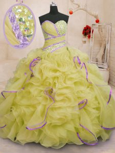 Sweetheart Sleeveless Organza Quinceanera Dresses Beading and Ruffles Brush Train Lace Up