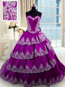 Ruffled With Train Ball Gowns Sleeveless Eggplant Purple Quinceanera Gowns Lace Up