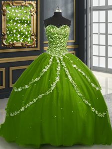 Olive Green Ball Gowns Sweetheart Sleeveless Tulle With Brush Train Lace Up Beading and Appliques Quinceanera Dress